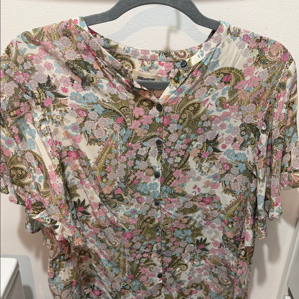 Zadig & Voltaire Cream Pink Blue Floral Paisley Button-Down Top